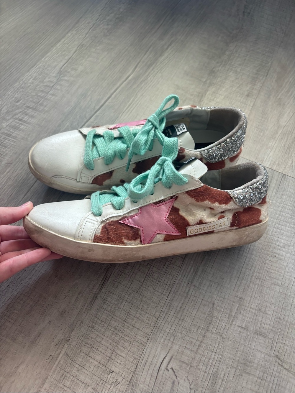 Golden Goose Superstar sneakers cow print calf hair,pink & silver glitter Sz 9